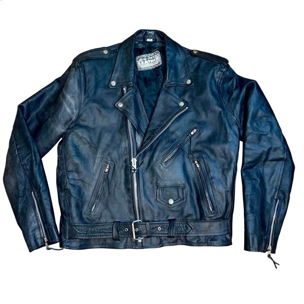 Vintage ProSports Leather Motorcycle Jacket Men’s 44 Black Biker Zip Up Belted